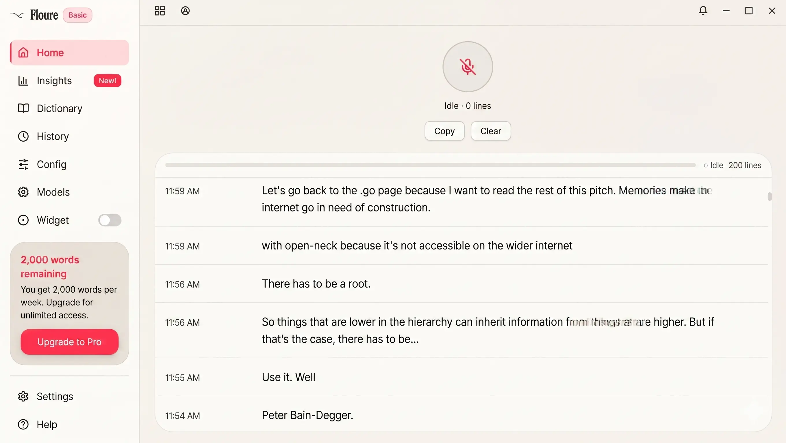floure desktop application — live transcription view